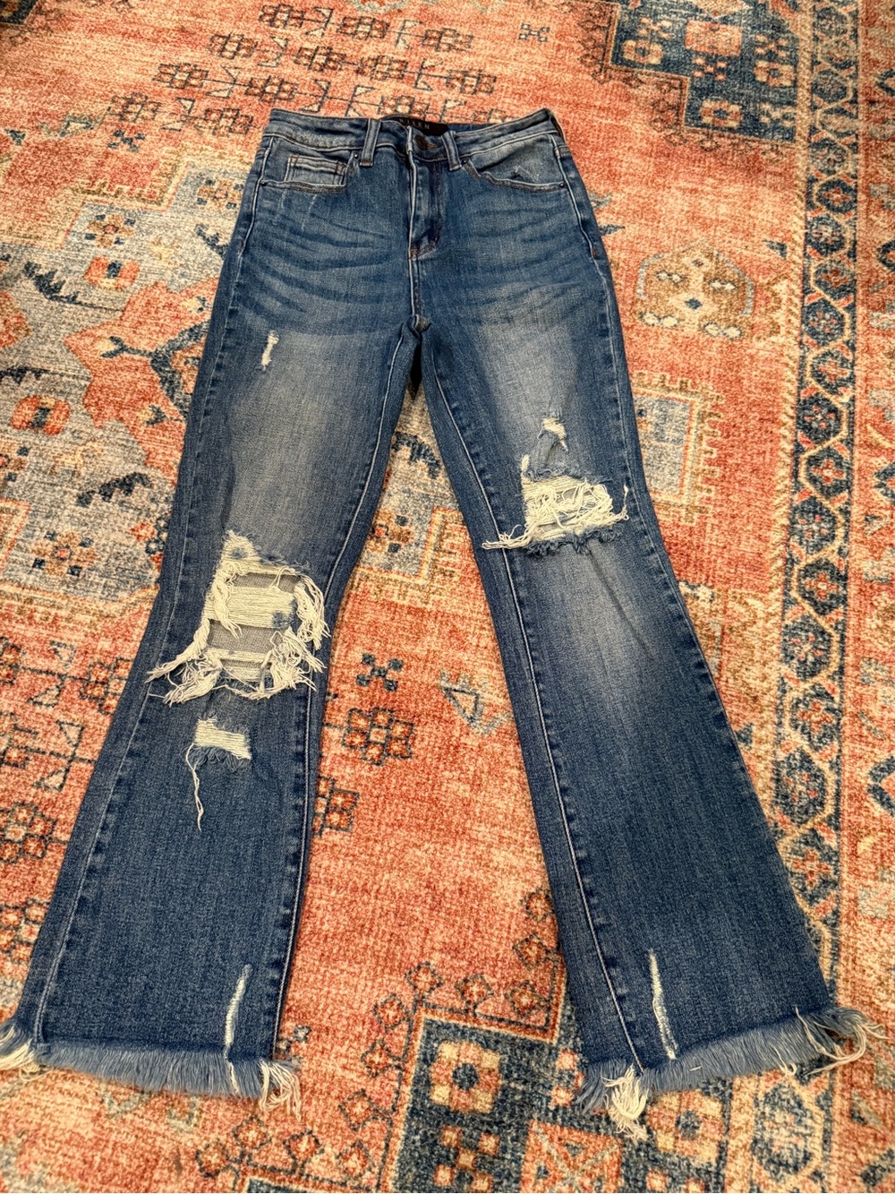 Distressed Blue Flare Jeans for Women - Vintage Wash